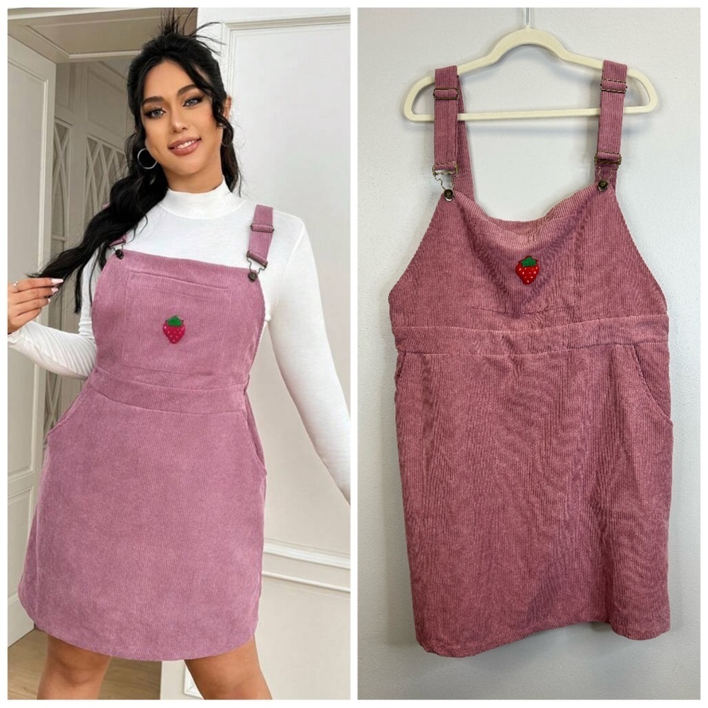 Cute Pink Corduroy Overall Jumper Mini Dress Strawberry Patch 2X 3X Kidcore